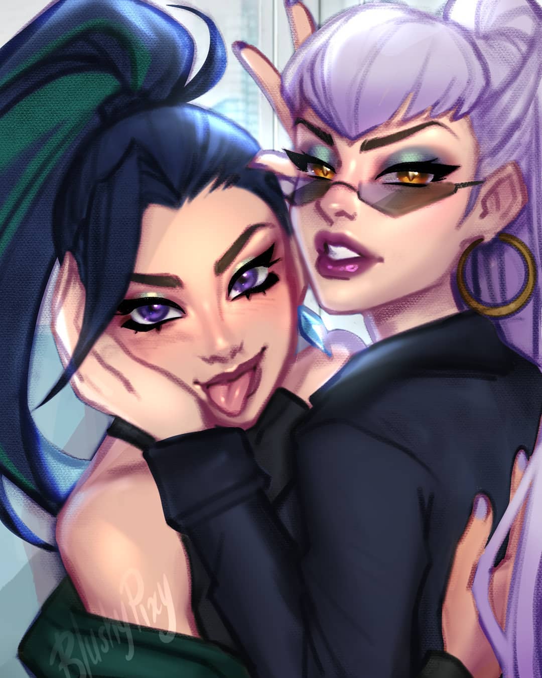 2girls black_hair black_suit blush blushyspicy demon_girl evelynn_(league_of_legends) formal_clothes green_hair highres k/da_all_out_evelynn k/da_all_out_kai&#039;sa kai&#039;sa league_of_legends long_hair looking_at_viewer multicolored_hair multiple_girls ponytail purple_eyes slit_pupils suit the_baddest_evelynn the_baddest_kai&#039;sa tongue tongue_out two-tone_hair white_hair yellow_eyes yuri
