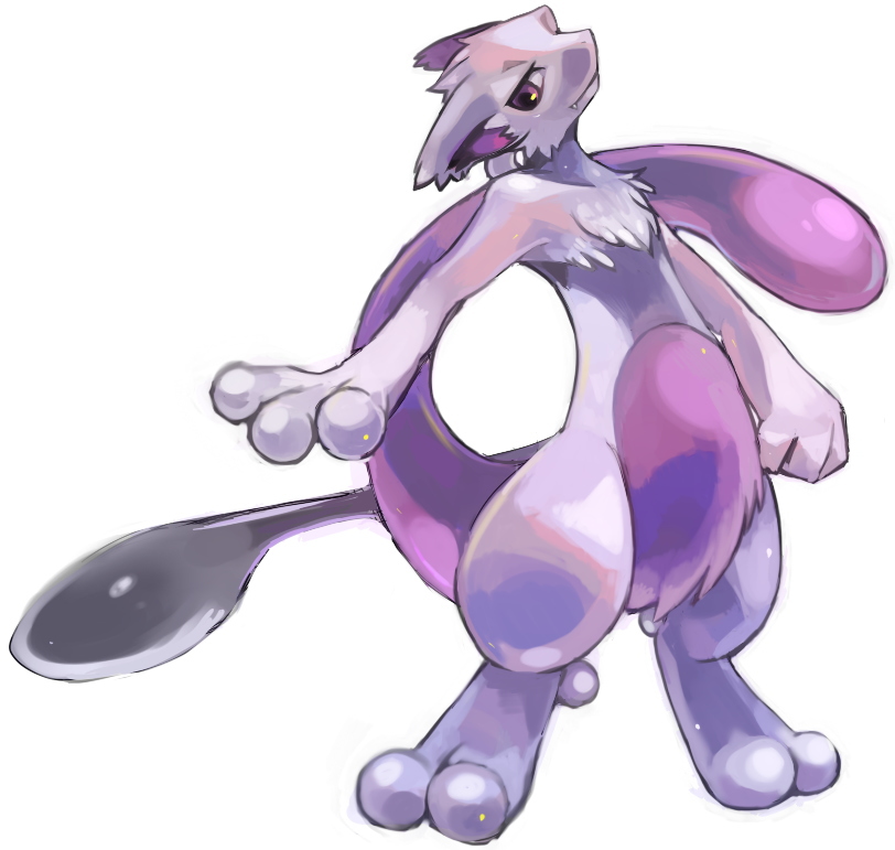 choko_(sweetpocket) clenched_hand commentary_request creature creature_focus fang full_body gen_1_pokemon legendary_pokemon light_smile looking_to_the_side mewtwo nintendo no_humans outstretched_arm oversized_spoon pokemon pokemon_(creature) purple_eyes purple_fur simple_background solo spoon standing white_background