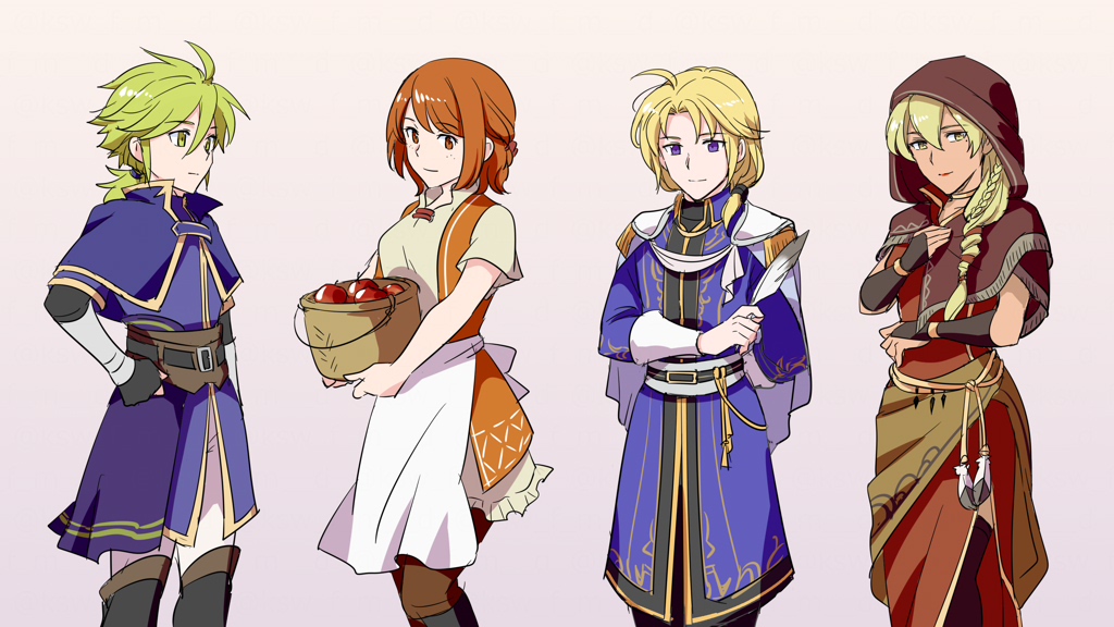 2boys 2girls alternate_costume apple blonde_hair braid brown_eyes brown_hair dark_skin dorothy_(fire_emblem) feathers fire_emblem fire_emblem:_the_binding_blade food fruit green_eyes green_hair holding hood igrene_(fire_emblem) klein_(fire_emblem) ksw_f_m_d long_hair long_sleeves looking_at_viewer low_ponytail medium_hair multiple_boys multiple_girls nintendo pants pink_background ponytail purple_eyes quill short_sleeves simple_background wolt_(fire_emblem) yellow_eyes