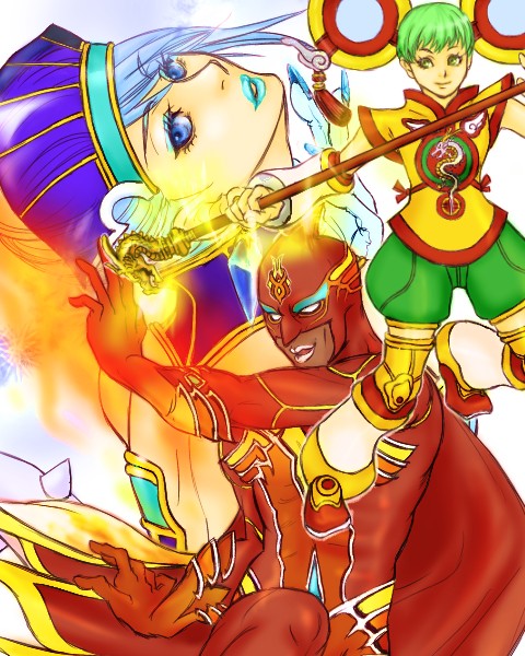 10s 1boy 2girls bad_id bad_pixiv_id blue_eyes blue_hair blue_rose_(tiger_&amp;_bunny) cape chinese_clothes detached_sleeves dragon_kid earrings elbow_gloves fire_emblem_(tiger_&amp;_bunny) gloves green_eyes green_hair hat huang_baoling jewelry karina_lyle lipstick makeup mask multiple_girls nathan_seymour short_hair shorts spandex superhero_costume thighhighs tiger_&amp;_bunny yoru-miti
