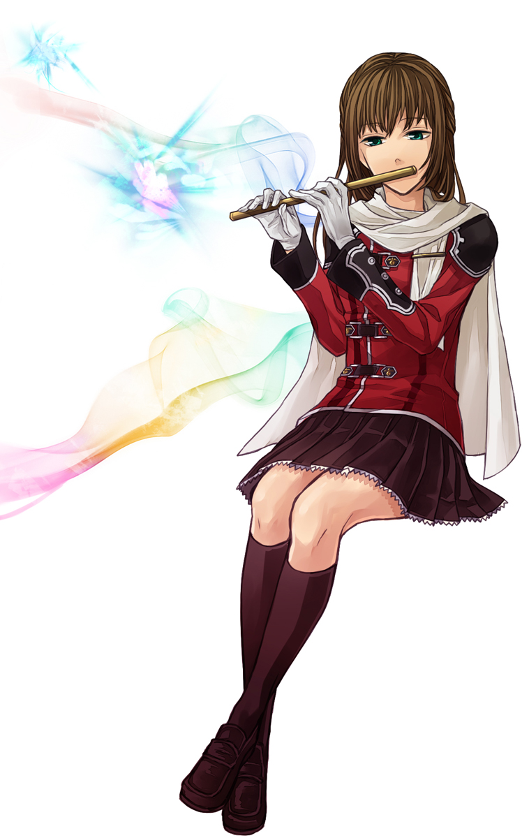 1girl akademeia_uniform bad_id bad_pixiv_id black_socks brown_eyes brown_hair cape deuce_(fft-0) female_focus final_fantasy final_fantasy_type-0 flute highres instrument jacket kneehighs long_hair plaid_clothes plaid_skirt scarf school_uniform simple_background skirt socks solo thighhighs white_background white_scarf