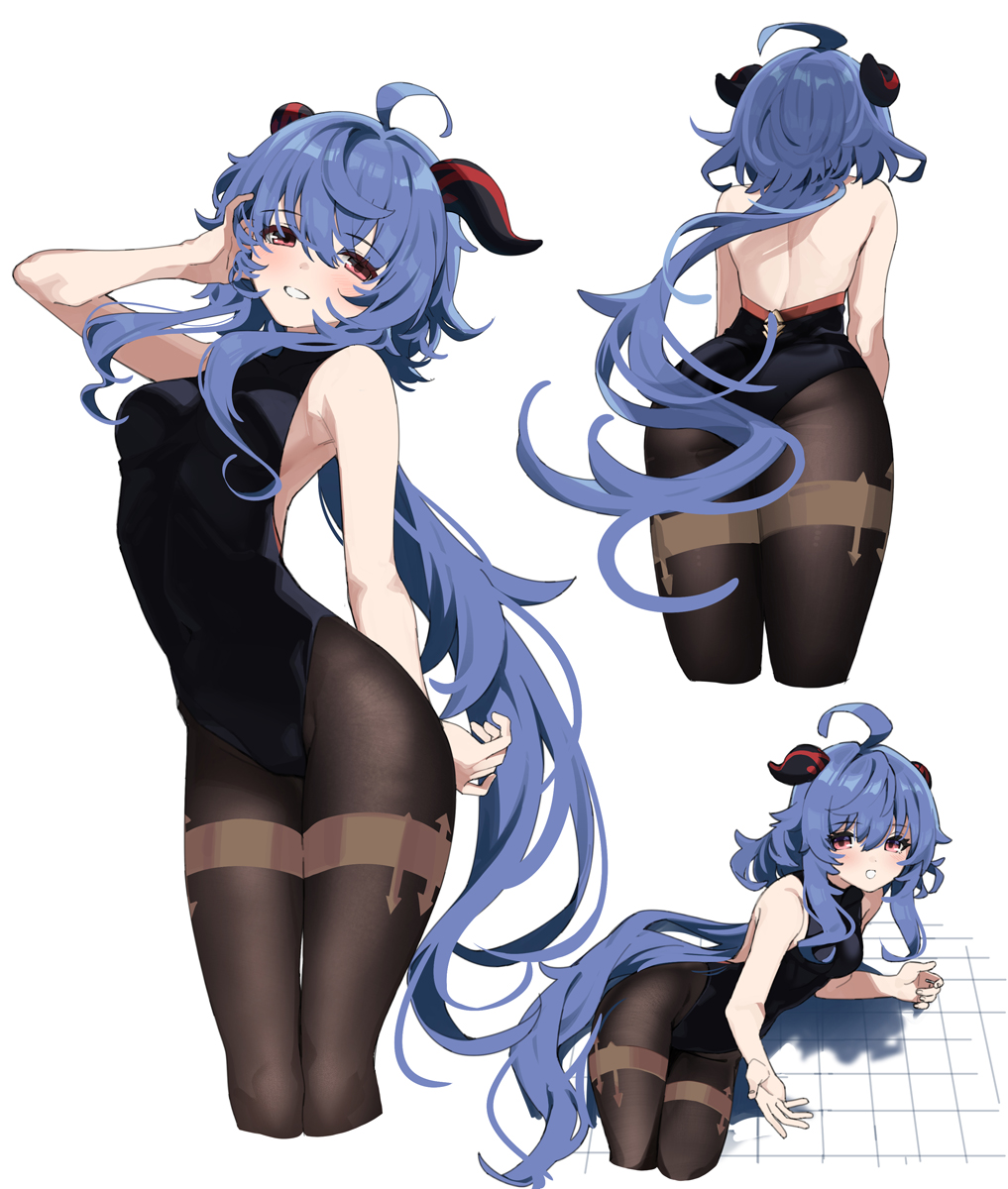 1girl ahoge ass back backless_outfit bare_shoulders black_leotard blue_hair blush bodystocking bodystocking_only bodysuit breasts brown_pantyhose from_behind from_side ganyu_(genshin_impact) genshin_impact groin halterneck highres horns jewelry leotard leotard_under_clothes long_hair looking_at_viewer low_ponytail lying medium_breasts nigo_(aozoragarou) on_side pantyhose ponytail purple_eyes sidelocks sitting smile standing thighlet thighs white_background