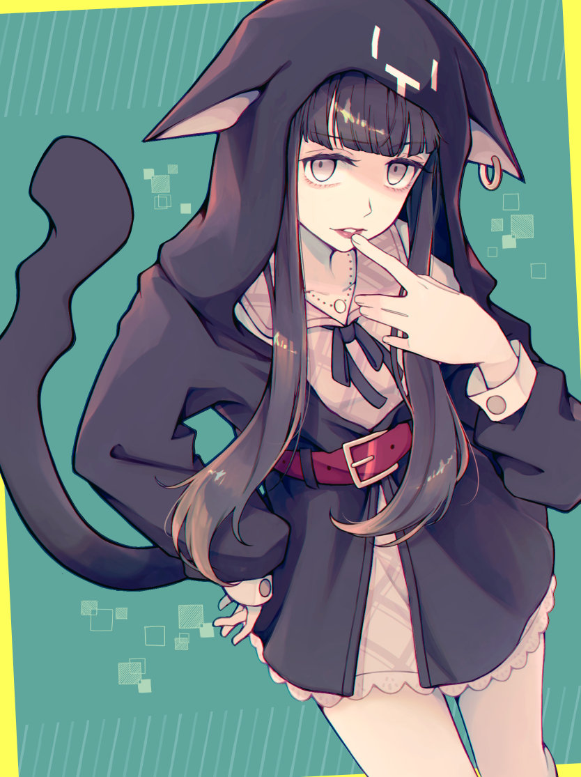 1girl 59pan2 animal_hood belt belt_buckle black_cloak black_hair black_ribbon buckle cat_hood cat_tail cloak commentary_request dress fake_tail finger_to_mouth grey_dress grey_eyes hand_on_own_hip hime_cut hood hood_up hooded_cloak lips long_hair long_sleeves looking_at_viewer neck_ribbon nyantan parted_lips pink_lips red_belt ribbon sakurane_shoka shin_subarashiki_kono_sekai simple_background solo subarashiki_kono_sekai tail