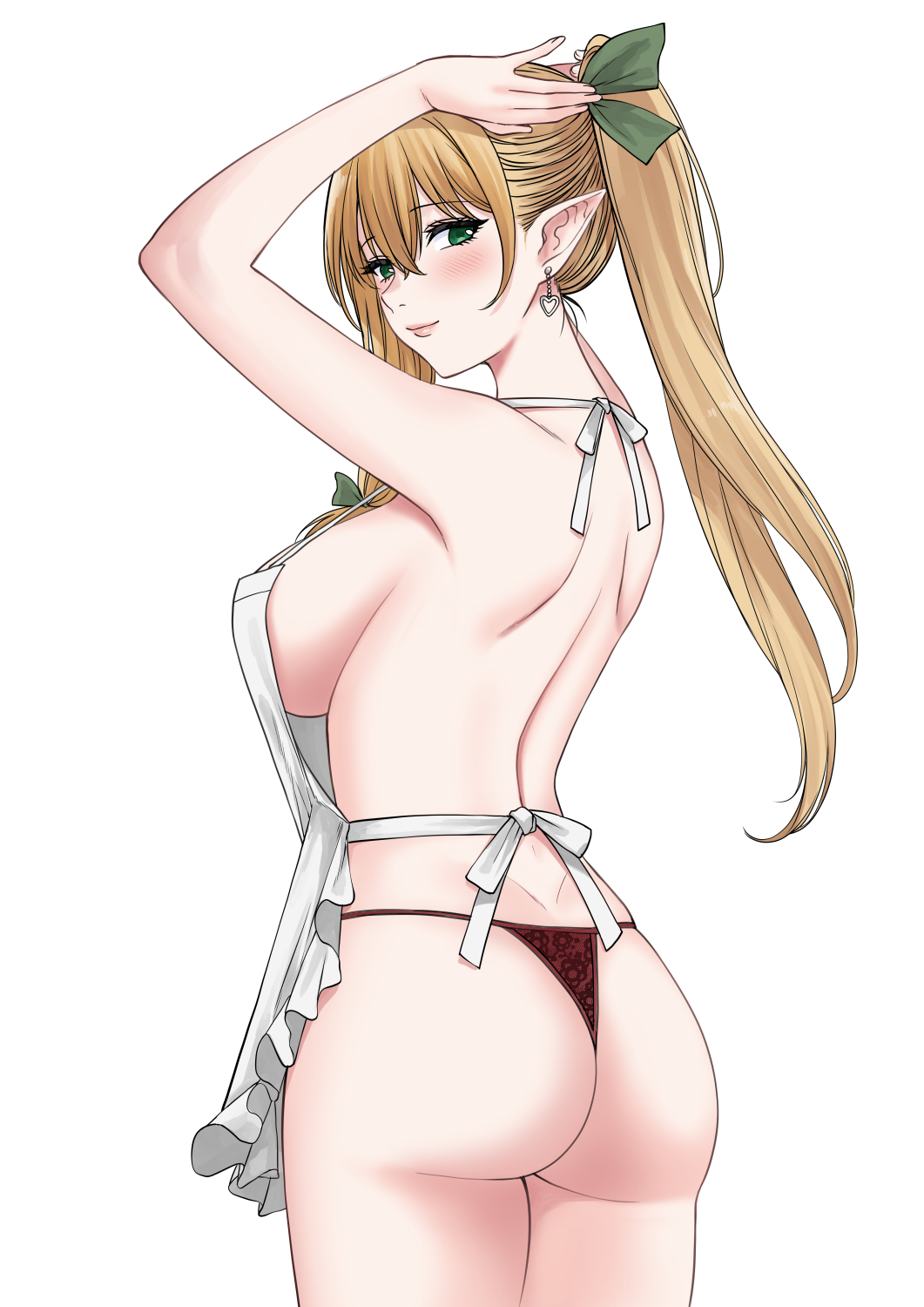 1girl apron aranis_elvene ass blonde_hair blush breasts elf green_eyes highres large_breasts lipstick long_hair looking_back makeup panties pixela_project pointy_ears ponytail ribbon thong underwear virtual_youtuber xter