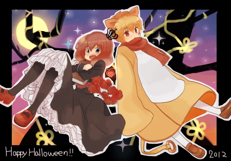 10s 1boy 1girl 2012 animal_costume animal_ears book crown frills full_moon halloween holding holding_book lion_costume lion_ears looking_at_viewer maria_(umineko) mary_janes moon nuancho open_mouth pantyhose petticoat purple_eyes red_eyes sakutarou_(umineko) scarf shoes smile teruteru umineko_no_naku_koro_ni ushiromiya_maria