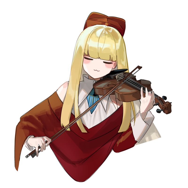 1girl :3 biretta blonde_hair blunt_bangs bow_(music) cardinal_armand closed_eyes commentary cropped_torso hat holding holding_bow_(music) holding_instrument instrument last_origin long_hair long_sleeves mel_(dodosae) music playing_instrument red_hat simple_background solo symbol-only_commentary upper_body violin white_background