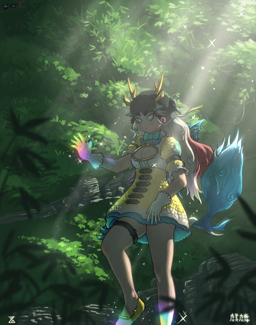 1girl animal_ears black_hair blue_bow blue_bowtie blue_eyes bow bowtie cleavage_cutout clothing_cutout commentary extra_ears flats giraffe_ears giraffe_horns giraffe_tail gradient_gloves grey_hair high-waist_skirt horns imnim_leef kemono_friends kirin_(kemono_friends) long_hair multicolored_hair puffy_short_sleeves puffy_sleeves rainbow_gradient red_hair scales shirt shoes short_sleeves skirt solo symbol-only_commentary tail thigh_strap white_hair white_shirt yellow_shoes yellow_skirt