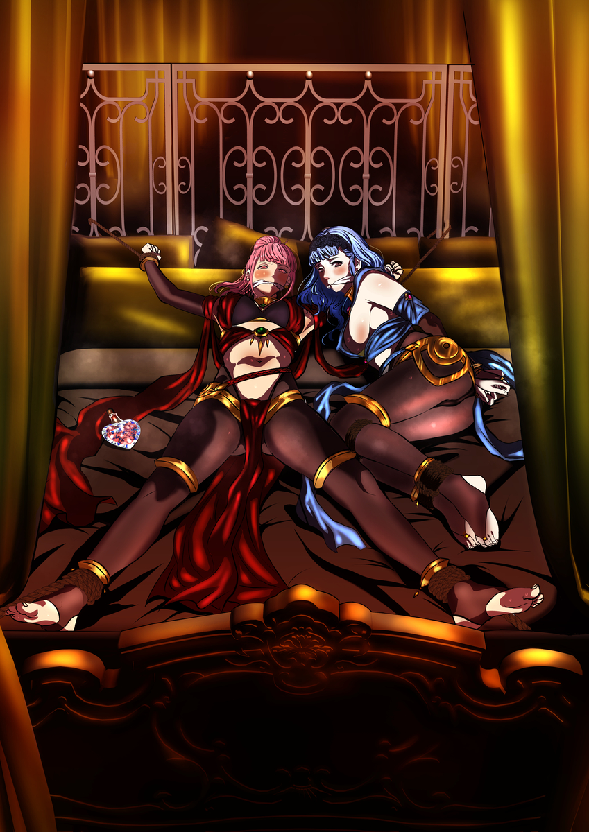 2girls alternate_costume alternate_hairstyle aphrodisiac arms_behind_back ass bdsm bed bedroom black_panties blue_hair blush bondage bottle bound bound_ankes bound_wrists breasts brown_eyes cosplay dancer dorothea_arnault_(plegian)_(cosplay) earrings female_focus fire_emblem fire_emblem:_three_houses fire_emblem_heroes fire_emblem_warriors:_three_hopes gag gagged gluteal_fold hair_between_eyes hairband harem harem_outfit highres hilda_valentine_goneril indoors jewelry kidnapped kidnapped_girl kou_(spad7u59) large_breasts legs long_hair lying marianne_von_edmund medium_breasts medium_hair midriff multiple_girls nintendo official_alternate_hairstyle on_back on_bed panties pantyhose pelvic_curtain pillow pink_eyes pink_hair plegian ponytail restrained slave spread_eagle_position spread_legs stationary_restraints stirrup_legwear sweat toeless_legwear underwear