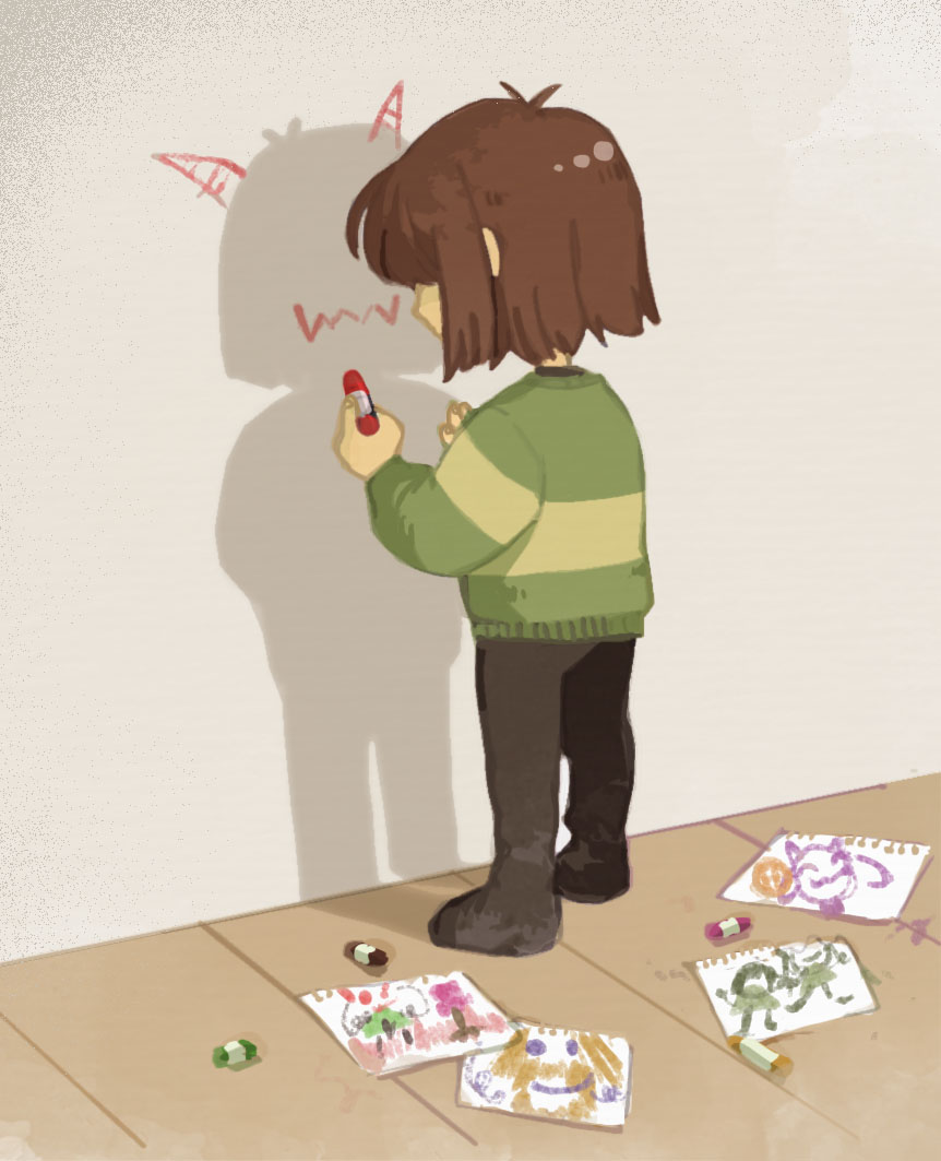 1other asgore_dreemurr asriel_dreemurr black_pants brown_hair chara_(undertale) corogarucoromo covered_eyes crayon drawing_(object) full_body green_sweater other_focus pants shadow solo standing sweater toriel undertale wooden_floor