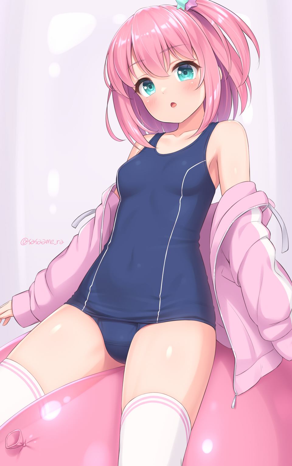 1girl aqua_eyes arms_at_sides balloon bare_shoulders blue_one-piece_swimsuit breasts collarbone cowboy_shot hair_between_eyes hair_ornament highres jacket jacket_partially_removed legs_apart light_blush long_sleeves looking_at_viewer medium_hair one-piece_swimsuit one_side_up open_clothes open_jacket open_mouth original pink_hair pink_jacket sasaame school_swimsuit sitting small_breasts solo star_(symbol) star_hair_ornament swimsuit thighhighs white_thighhighs