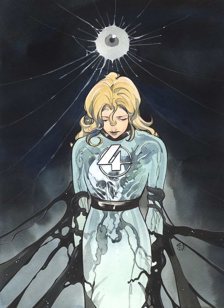 1girl black_lips blonde_hair blue_dress closed_eyes commentary_request curly_hair dress eyeball fantastic_four head_down highres marvel medium_hair peach_momoko signature slime_(substance) solo sue_storm superhero_costume
