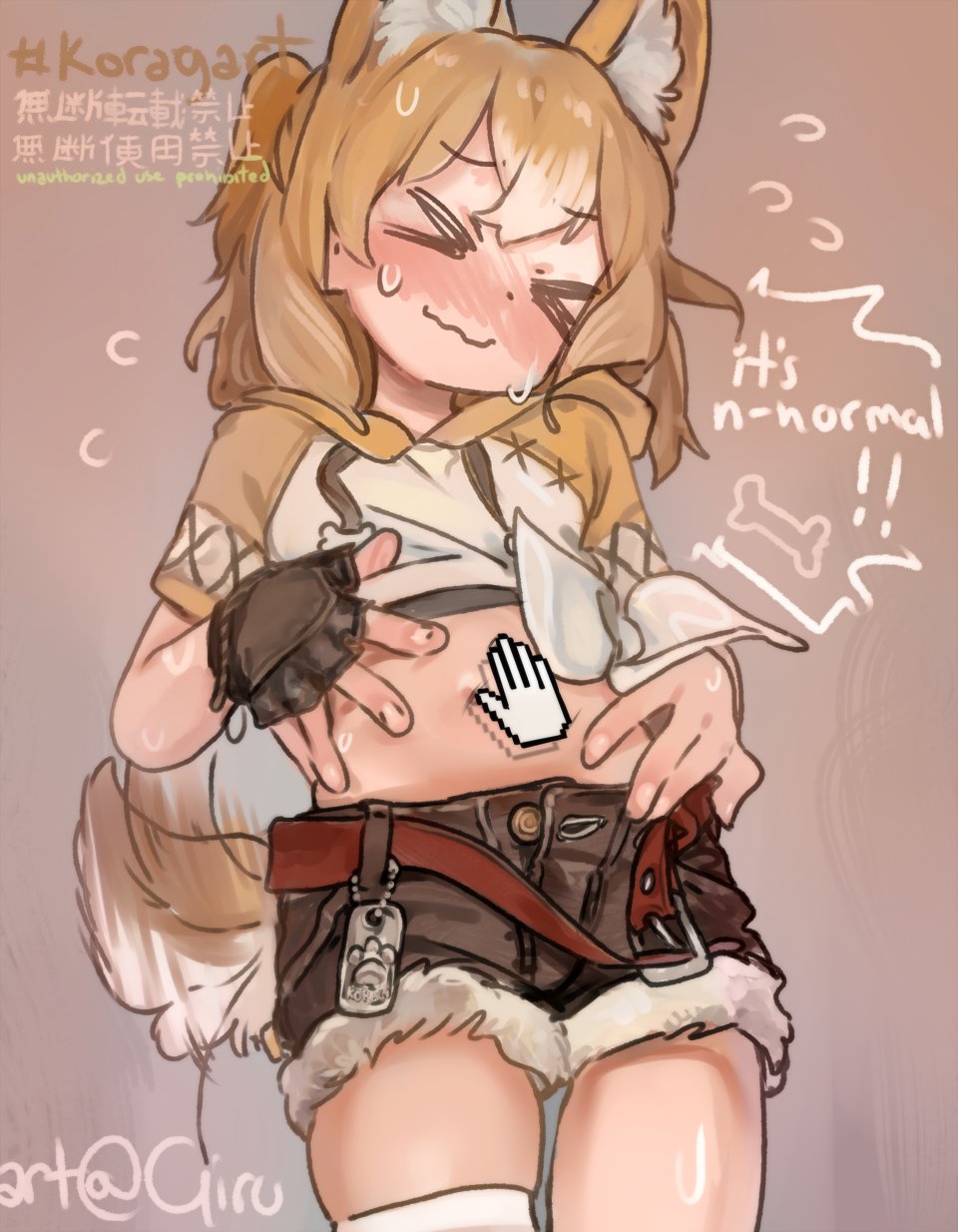 &gt;_&lt; 1girl animal_ears belly belly_rub blonde_hair blush closed_eyes dog_ears dog_tail embarrassed fingerless_gloves girutea gloves hands_on_own_hips highres indie_virtual_youtuber koragi short_twintails shorts simple_background smile solo speech_bubble sweat sweatdrop tail tail_wagging thighhighs thighs twintails unbuttoned unbuttoned_pants virtual_youtuber