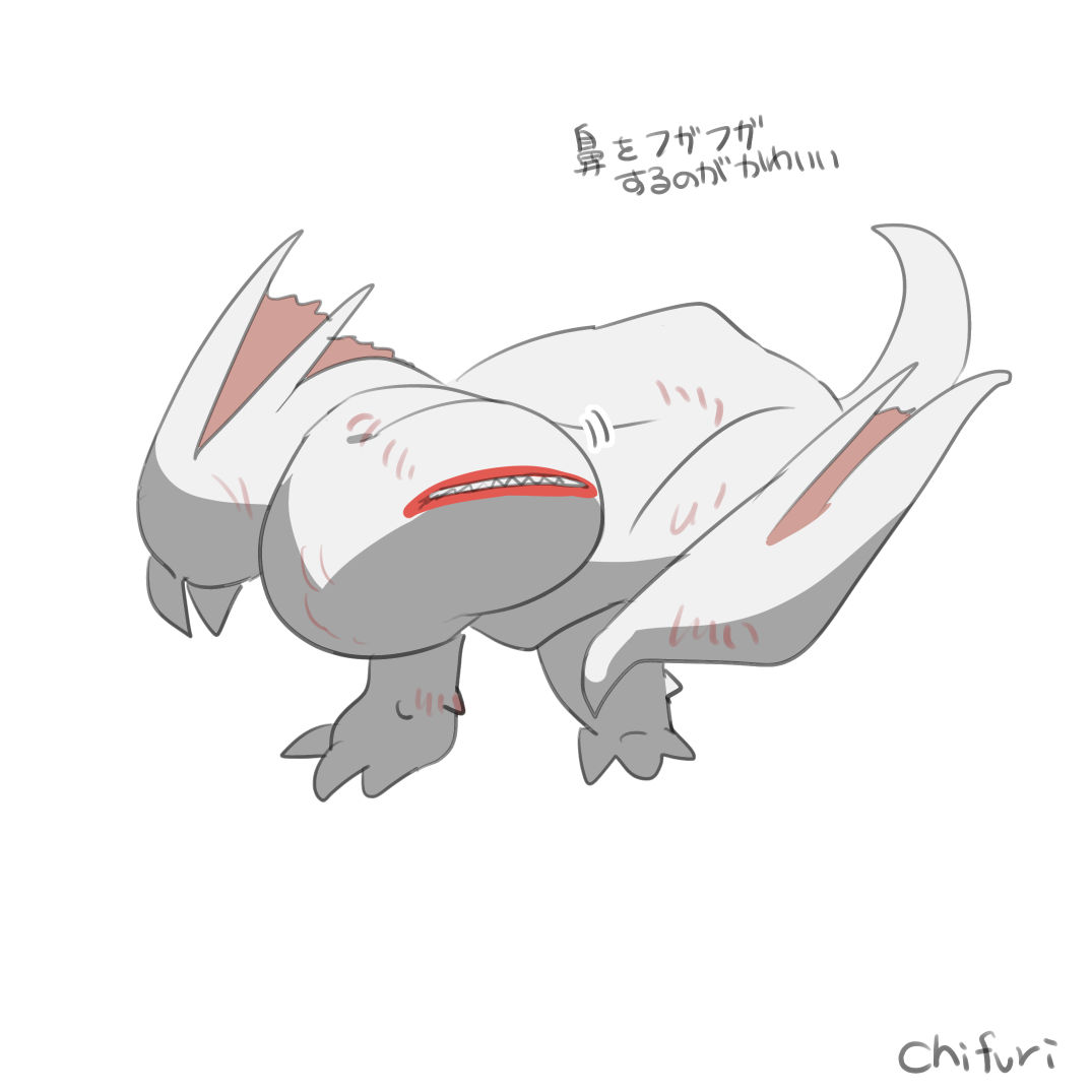 chihuri full_body khezu monster monster_hunter_(series) monster_hunter_rise motion_lines no_humans red_lips sharp_teeth signature simple_background solo standing teeth translation_request white_background
