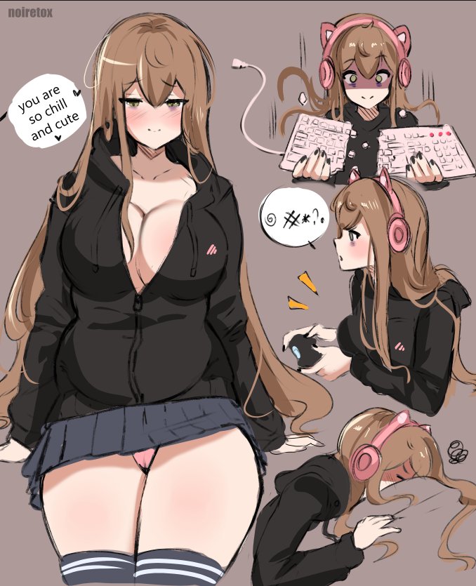 1girl animal_ear_headphones animal_ears bags_under_eyes breaking breasts cat_ear_headphones censored censored_text controller english_text face_in_pillow fake_animal_ears headphones holding holding_controller hood hoodie large_breasts long_hair looking_at_viewer multiple_views neet_girl_(noiretox) no_bra noiretox original panties pantyshot pillow pink_panties plump skirt speech_bubble thighhighs thighs underwear