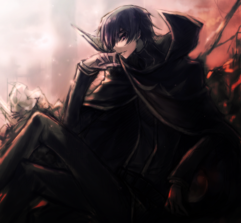 1boy black_hair c_(rahit) cape code_geass lelouch_vi_britannia male_focus purple_eyes rahit solo thinker zero_(code_geass)