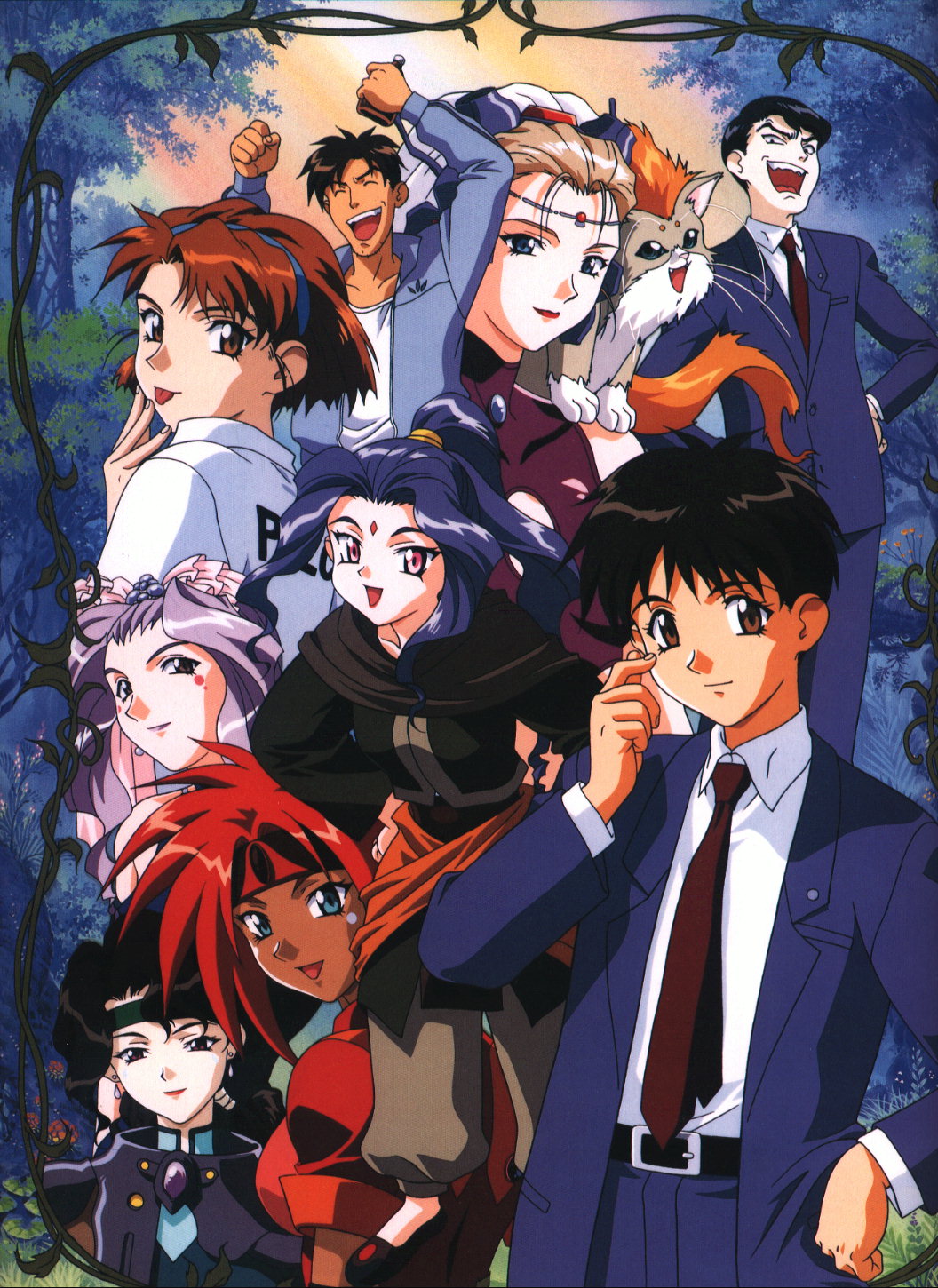 1990s_(style) 3boys 6+girls :d :p afura_mann alielle animal animal_on_shoulder arms_up artist_request bare_shoulders belt black_belt black_hair blue_eyes blue_hairband blue_jacket blue_pants bob_cut brooch brown_capelet brown_eyes brown_hair brown_pants capelet cheering collarbone dark-skinned_female dark_skin dress dress_shirt el_hazard everyone closed_eyes facial_mark flask foliage forehead_mark forest formal_clothes fujisawa_masamichi green_headband green_shirt hair_pulled_back hair_scarf hair_tie hairband hand_on_own_hip hand_to_own_mouth hands_on_own_hips headband highres holding holding_flask jacket jewelry jinnai_katsuhiko jinnai_nanami laughing lipstick long_hair looking_back makeup miz_mishtal mizuhara_makoto multiple_boys multiple_girls nature necktie official_art open_clothes open_jacket open_mouth orange_sash orange_sky pants pink_lips plant ponytail purple_dress purple_hair red_dress red_hair red_headband red_lips red_neckwear retro_artstyle rune_venus sanpaku sash scan scratching_cheek shayla-shayla shirt short_hair sidelocks sky sleeveless sleeveless_sweater smile spiked_hair suit sweater teeth tongue tongue_out track_jacket tree upper_teeth_only uura_(el_hazard) vines white_jacket white_shirt