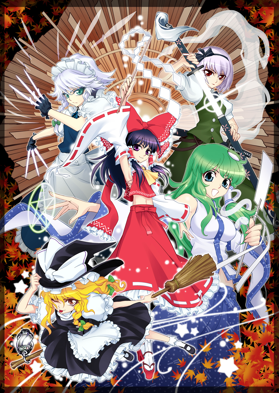 5girls 666nao aqua_eyes ascot black_hair blonde_hair blue_eyes bow braid broom clog_sandals detached_sleeves female_focus frog fujisawa_naoyuki ghost gohei green_hair hair_bow hair_ornament hairband hakurei_reimu hat highres izayoi_sakuya japanese_clothes katana kirisame_marisa knife kochiya_sanae konpaku_youmu konpaku_youmu_(ghost) long_hair maid maid_headdress miko multiple_girls okobo platform_sandals purple_eyes red_eyes sandals short_hair silver_hair snake sword throwing_knife touhou twin_braids weapon witch witch_hat yellow_eyes