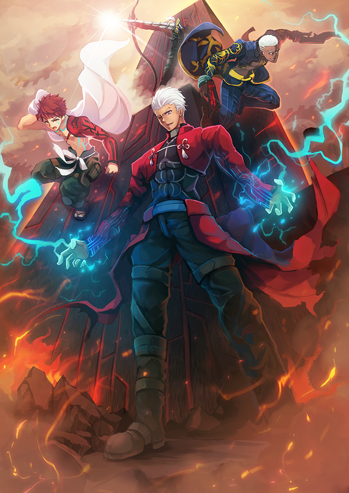 archer_(fate) archer_alter_(fate) boots bow_(weapon) caladbolg_(fate) cloud cloudy_sky commentary dark-skinned_male dark_skin detached_sleeves emiya_alter emiya_shirou english_commentary fate/grand_order fate_(series) fire gears goushou gun limited/zero_over long_coat magic one_eye_closed orange_hair senji_muramasa_(fate) sky unlimited_blade_works_(reality_marble) weapon white_hair yellow_eyes