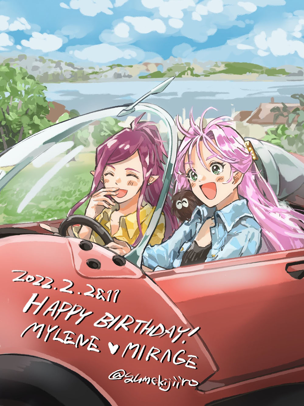 2022 2girls :d ^_^ animal animal_on_shoulder aunt_and_niece black_shirt blue_jacket blush character_name closed_eyes collarbone collared_shirt day earrings green_eyes guvava hair_ornament happy_birthday highres jacket jewelry long_hair macross macross_7 macross_delta mirage_farina_jenius multiple_girls mylene_jenius open_clothes open_jacket open_mouth outdoors pink_hair pointy_ears red_hair riding shirt smile swept_bangs time_paradox twitter_username very_long_hair wing_collar yellow_shirt yumekijiiro