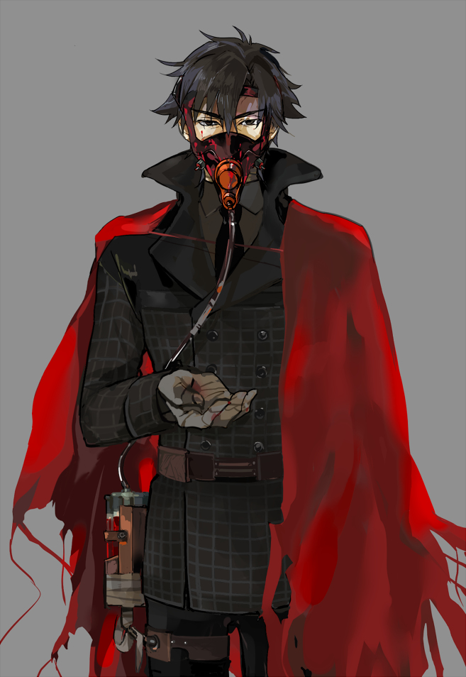 1boy black_eyes black_hair buttons cape coat collared_coat crimo emiya_kiritsugu fate/zero fate_(series) gas_mask grey_background looking_at_viewer male_focus mask necktie outstretched_hand red_cape simple_background solo tube upper_body vial