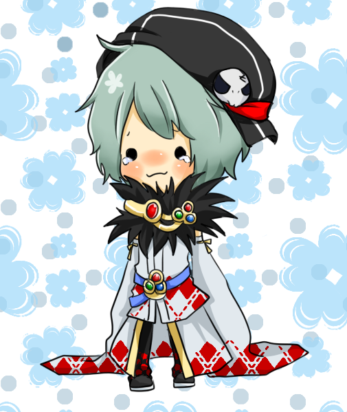 1boy argyle_cape argyle_clothes argyle_shirt black_hat black_pants blue_background blush cape checkered_clothes checkered_pants chibi chibi_only closed_mouth commentary_request detached_sleeves floral_background full_body fur_collar green_hair grey_cape grey_shirt grey_sleeves hat hat_ornament looking_at_viewer male_focus meiko_(nattu303) newsboy_cap pants ragnarok_online shirt short_hair skull_hat_ornament smile solid_circle_eyes solo sorcerer_(ragnarok_online) standing tearing_up waist_cape wide_sleeves