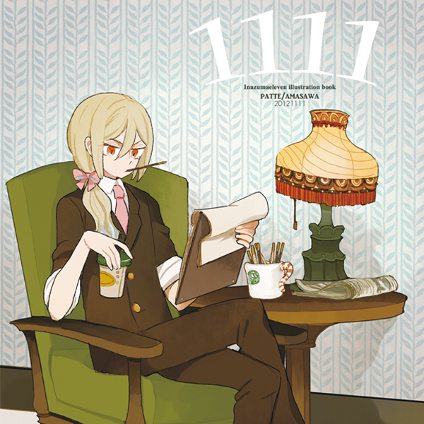 1boy 2012 afuro_terumi androgynous armchair blonde_hair bow brown_pants brown_suit buttons chair clipboard crossed_legs cup dated disposable_coffee_cup disposable_cup english_text food formal_clothes frown hair_between_eyes hair_bow holding holding_clipboard holding_cup inazuma_eleven_(series) inazuma_eleven_go indoors l_hakase lamp long_hair male_focus mouth_hold mug necktie newspaper orange_eyes pants pink_bow pink_necktie pocky ponytail sidelocks sitting sleeves_rolled_up solo suit table wallpaper_(object)