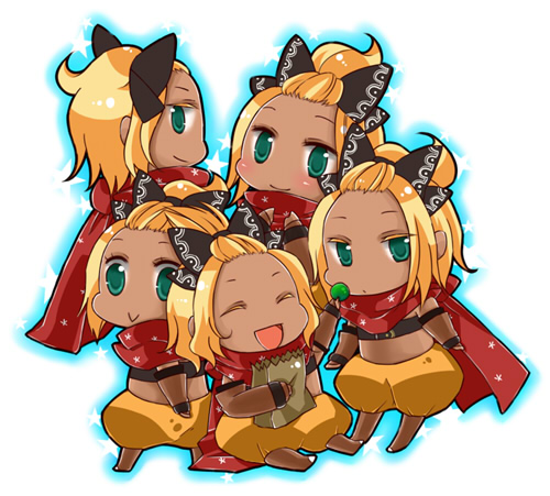7th_dragon 7th_dragon_(series) :&gt; blonde_hair chibi dark-skinned_female dark_skin drop390_(sakuma) forehead green_eyes hair_ribbon hatch_(7th_dragon) looking_at_viewer lowres midriff multiple_girls multiple_views ribbon rogue_(7th_dragon) scarf smile