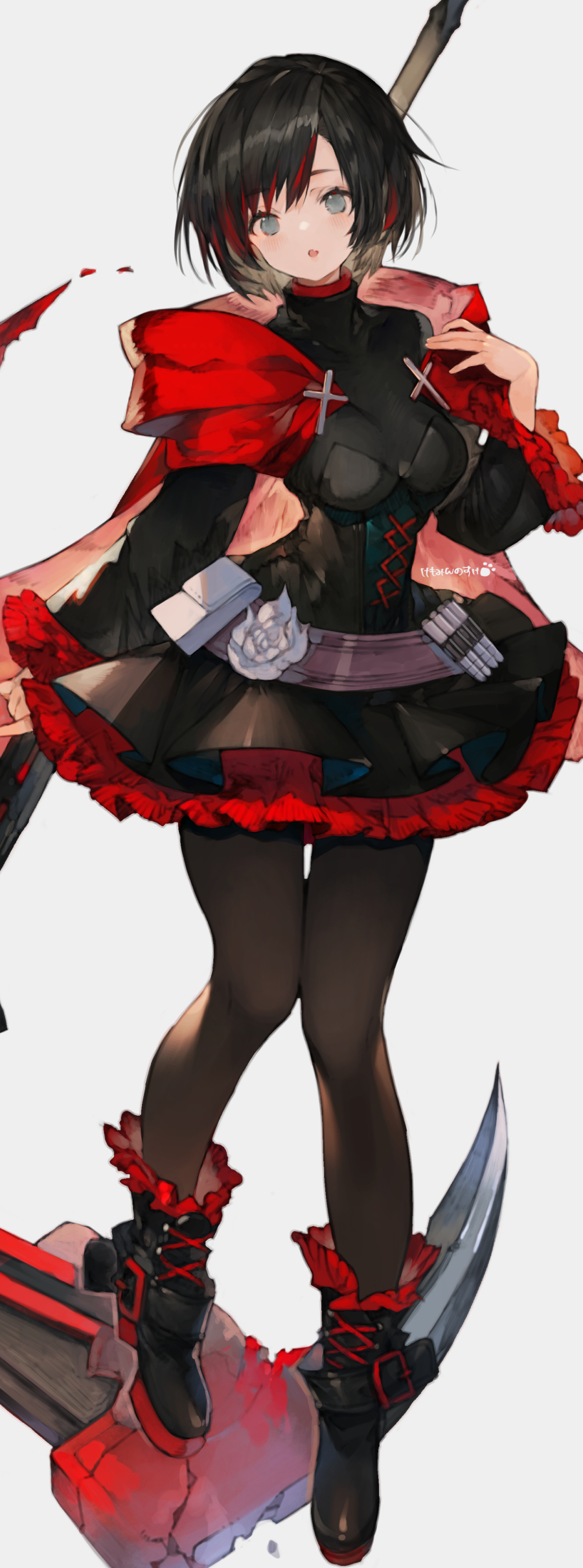 1girl absurdres black_dress black_footwear black_hair black_leggings boots capelet commentary_request commission dress frilled_dress frills highres holding holding_scythe kemomin_nosuke leggings looking_at_viewer made_in_2024 multicolored_hair open_mouth red_streaks ruby_rose rwby scythe short_hair two-tone_hair white_background