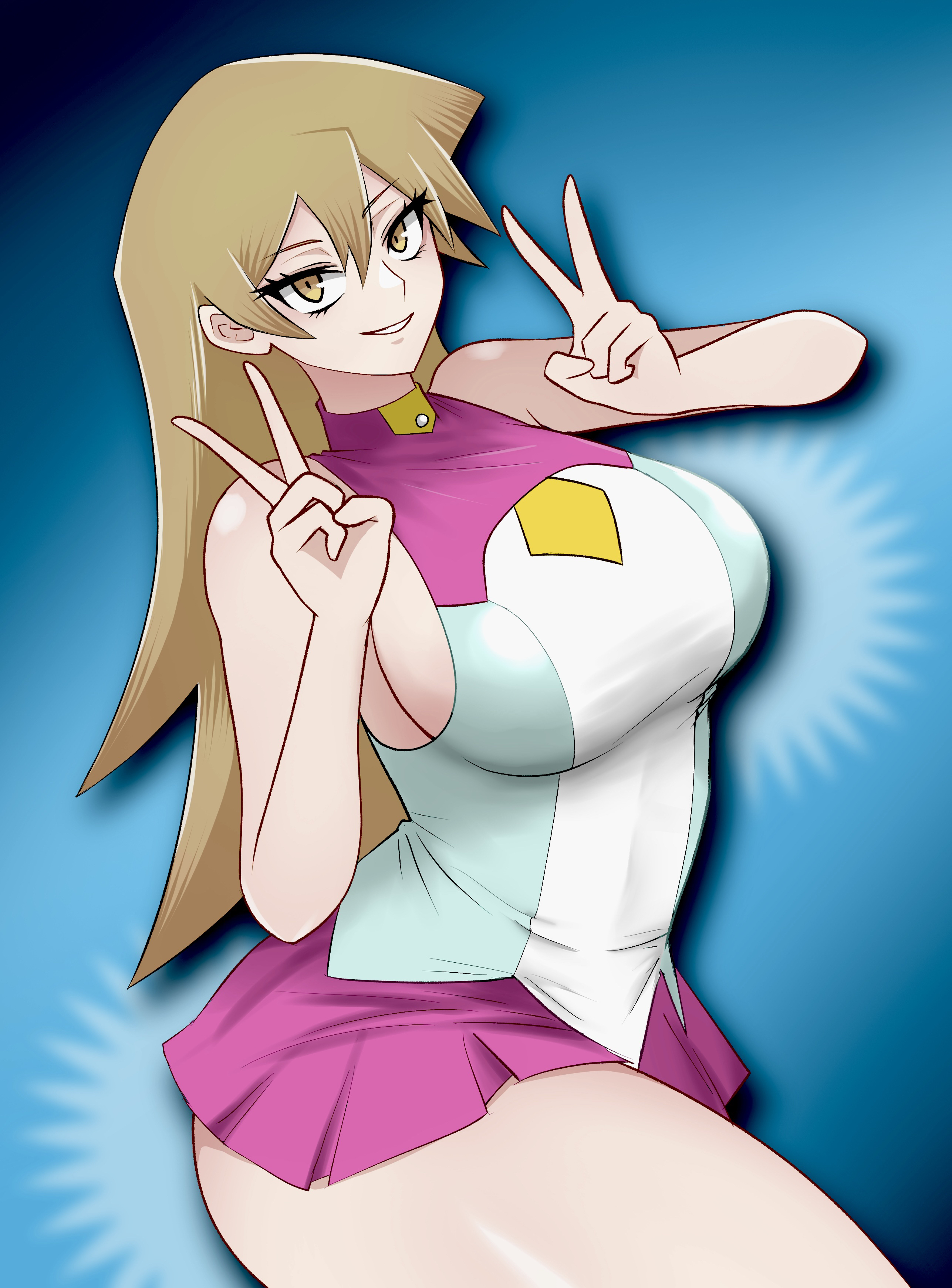 1girl absurdres ageage_893 blonde_hair blue_background breasts cosplay double_v highres large_breasts long_hair looking_at_viewer mizuki_kotori_(yu-gi-oh!) mizuki_kotori_(yu-gi-oh!)_(cosplay) parted_lips pink_skirt pleated_skirt sideboob skirt smile solo tenjouin_asuka thick_thighs thighs v yellow_eyes yu-gi-oh! yu-gi-oh!_gx yu-gi-oh!_zexal