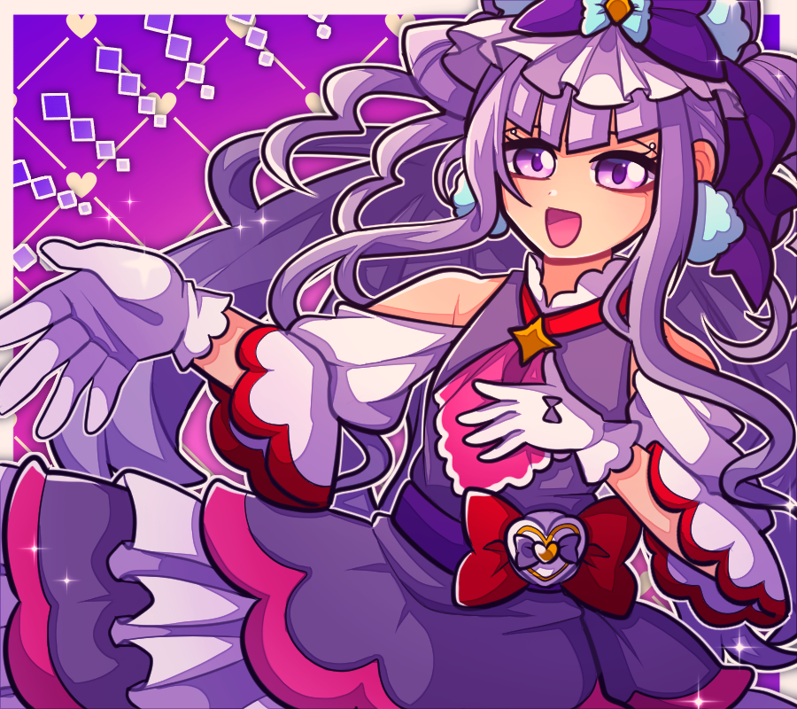 1girl 1jumangoku argyle_background argyle_clothes ascot beckoning big_hair blunt_bangs border bow clothing_cutout collar collared_dress commentary_request cowboy_shot cure_amour diamond_brooch dress earrings eyelash_ornament frilled_dress frills gloves hair_bow hand_on_own_chest heart-shaped_bag high_collar hugtto!_precure jewelry light_blush long_hair long_sleeves looking_at_viewer magical_girl neck_ribbon open_mouth outstretched_hand pink_ascot pom_pom_(clothes) pom_pom_earrings precure purple_bow purple_dress purple_eyes purple_hair red_bow red_ribbon ribbon ruru_amour shoulder_cutout sidelocks simple_background three-quarter_sleeves smile solo sparkle very_long_hair waist_bow wavy_hair white_background white_bag white_border white_collar white_gloves white_sleeves