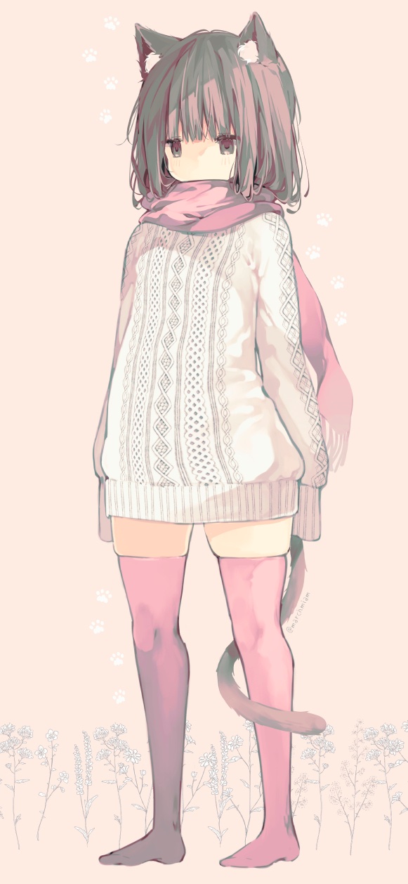 1girl animal_ear_fluff animal_ears blunt_bangs brown_hair cat_ears cat_girl cat_paw cat_tail covered_mouth flower full_body grey_eyes highres long_sleeves looking_at_viewer march-bunny messy_hair no_shoes original pink_background pink_scarf pink_thighhighs scarf short_hair sidelocks simple_background skindentation sleeves_past_wrists solo standing sweater tail thighhighs thighs twitter_username white_sweater zettai_ryouiki