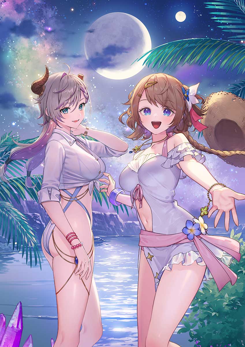 2girls artist_request atelier_(series) atelier_resleriana bare_shoulders blue_eyes blue_flower bracelet braid breasts brown_hair clothing_cutout commentary_request crystal dress feet_out_of_frame flower from_side grey_hair hair_flower hair_ornament hairclip hand_on_own_neck hat highres horns jewelry long_hair looking_at_viewer medium_breasts multiple_girls multiple_moons navel navel_cutout necklace off-shoulder_dress off_shoulder official_art palm_tree reaching reaching_towards_viewer resna_sternenlicht_(pretty_summer) shirt short_dress sky smile star_(sky) star_(symbol) star_necklace starry_sky straw_hat swimsuit swimsuit_under_clothes thighlet tied_shirt tree unworn_hat unworn_headwear valeria_(radiant_summer)_(atelier) water white_dress white_flower white_shirt