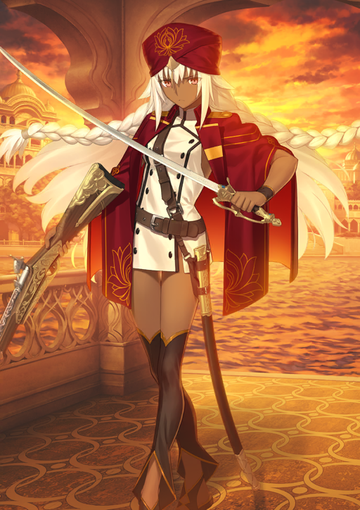 ahoge arm_at_side asymmetrical_dual_wielding belt belt_buckle black_leggings black_sandals bracelet braid breasts brown_belt buckle buttons closed_mouth coat crossed_legs dark-skinned_female dark_skin detached_leggings double-breasted dress dual_wielding fate/grand_order fate_(series) feet_out_of_frame floating_hair front_slit frown game_cg gun hair_between_eyes hair_tie hand_up high_collar holding holding_gun holding_sword holding_weapon jewelry lakshmibai_(fate) lakshmibai_(second_ascension)_(fate) lapels leggings long_hair looking_at_viewer medium_breasts official_art open_clothes open_coat orange_background red_coat red_eyes red_turban rifle sandals sheath short_dress shoulder_belt shoulder_boards sidelocks sword takeuchi_takashi thigh_gap third-party_source turban twin_braids unsheathed v-shaped_eyebrows variant_set very_long_hair weapon weapon_request white_dress white_hair wing_collar