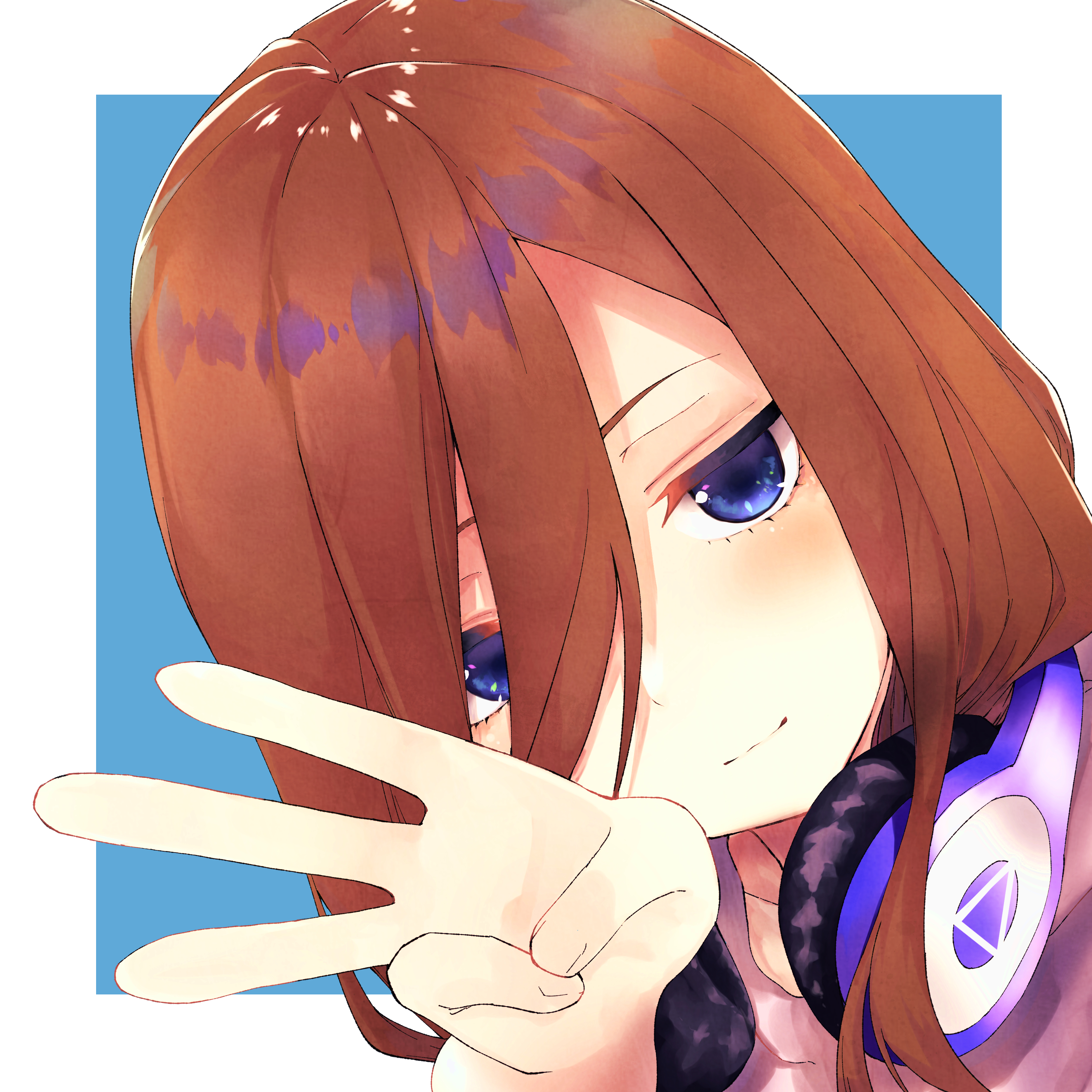 1girl absurdres blue_background blue_eyes brown_hair closed_mouth commentary counting finger_counting go-toubun_no_hanayome hair_between_eyes headphones headphones_around_neck highres long_hair long_hair_between_eyes looking_at_viewer mochimentai nakano_miku portrait solo two-tone_background white_background