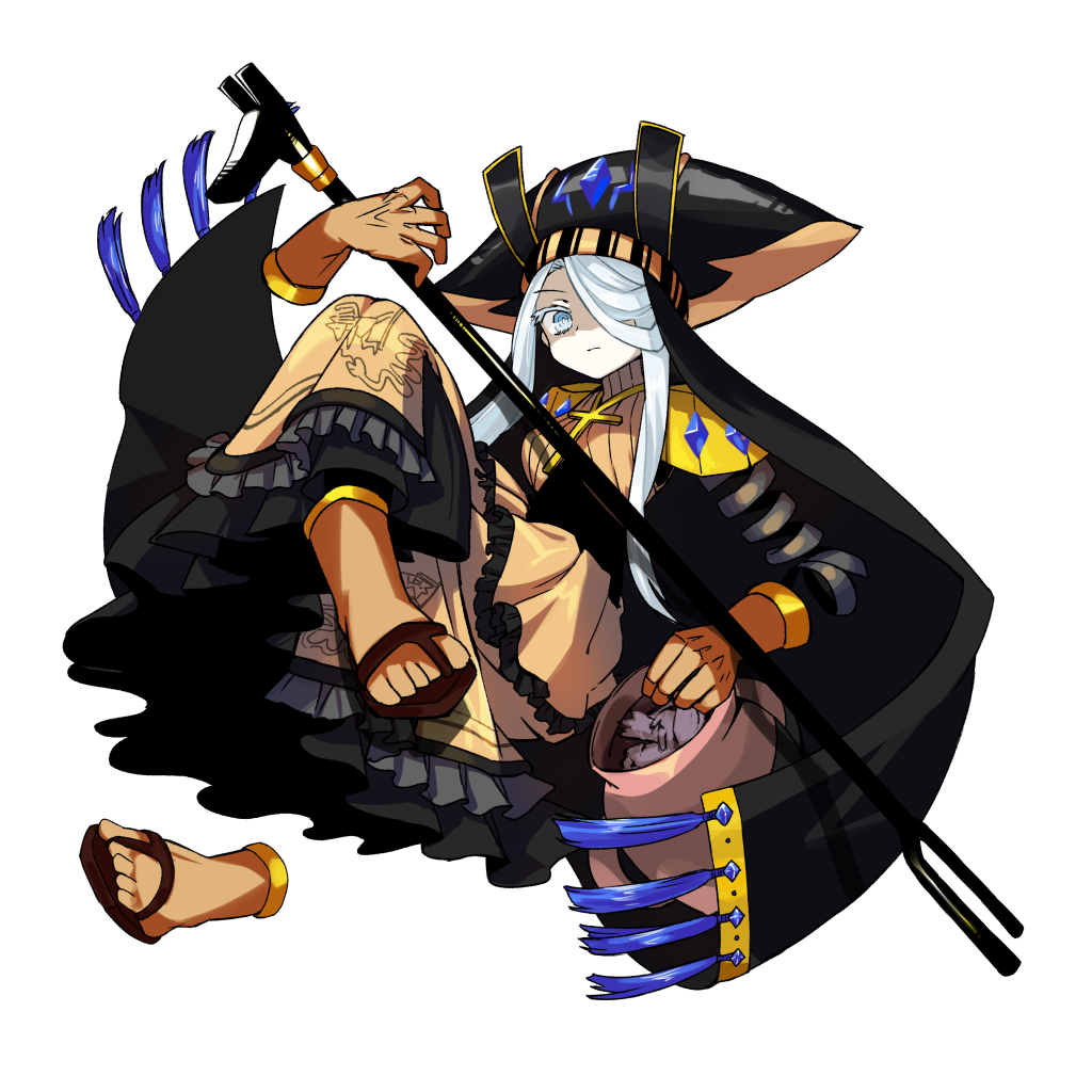 1girl anmita_(rarutos) black_hat blue_eyes closed_mouth disembodied_hand dress eyelashes frilled_dress frills hat hollow_song_of_birds original sandals set-taishou shaded_face short_hair_with_long_locks simple_background solo touhou transparent_background white_hair yellow_dress