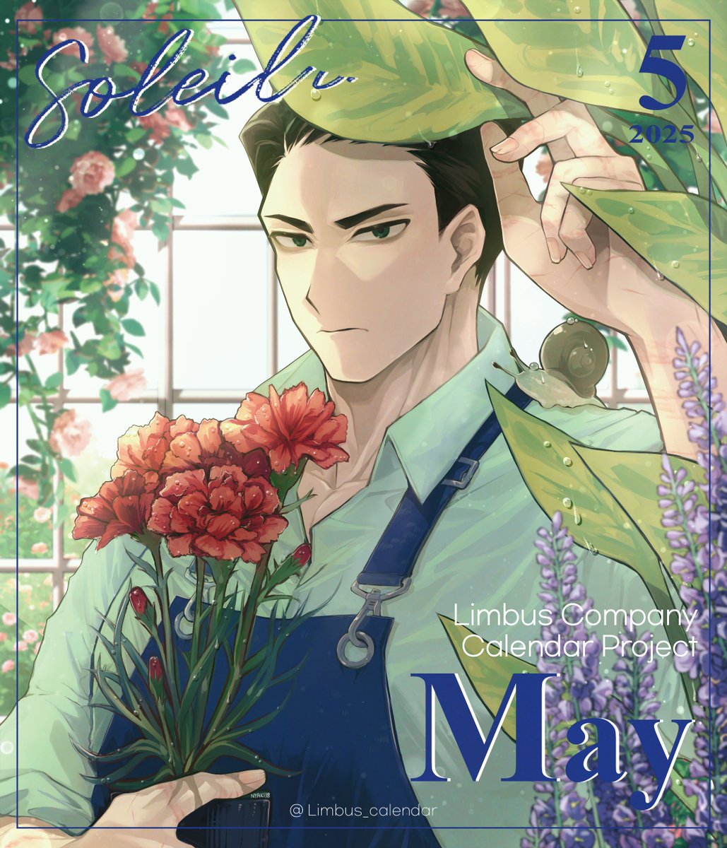 1boy black_eyes black_hair blue_overalls bush carnation collared_shirt florist flower flower_request green_shirt heather_(flower) highres indoors leaf limbus_company looking_at_viewer male_focus meursault_(project_moon) nyak_138 open_collar overalls pectoral_cleavage pectorals plant project_moon red_carnation red_flower serious shirt short_hair sleeves_rolled_up snail solo water_drop window