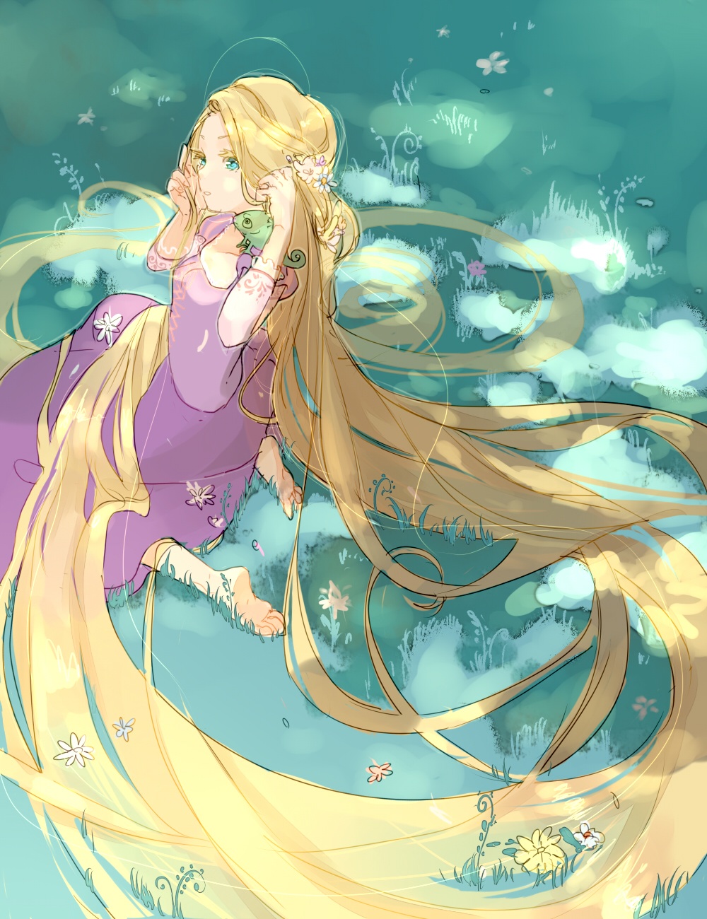 1girl absurdly_long_hair barefoot blonde_hair dress flower hair_flower hair_ornament hair_spread_out highres long_hair nora_(kukumaka23) on_grass pascal_(tangled) purple_dress rapunzel_(disney) solo_focus tangled very_long_hair