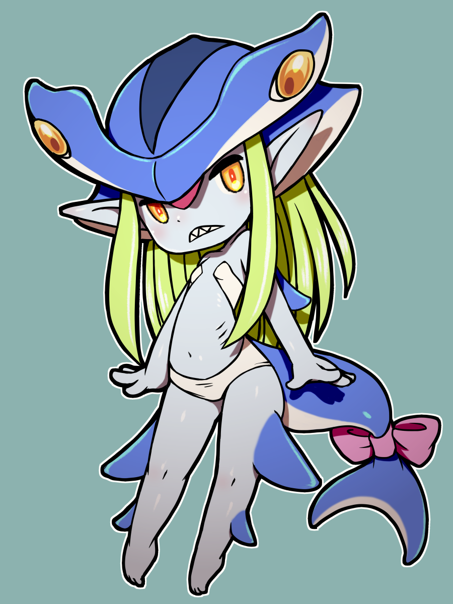 1girl aqua_background arcana_heart beeru_(veil8801) blue_skin blue_tail breasts colored_skin deformed fins fish_tail full_body gills green_hair highres long_hair navel outline pink_ribbon pistrix pointy_ears ribbon shark_girl shark_tail sharp_teeth simple_background small_breasts solo tail tail_ornament tail_ribbon teeth white_outline yellow_eyes