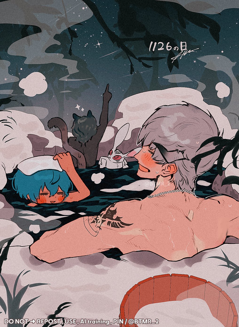 4boys animal_ears arm_tattoo basilio_(metaphor:_refantazio) black_hair black_skin blue_hair blush btmr_game bucket closed_eyes colored_skin grey_hair heismay_(metaphor:_refantazio) highres horns jewelry male_focus metaphor:_refantazio multiple_boys necklace nude onsen outdoors partially_submerged pointing protagonist_(metaphor:_refantazio) signature sparkle star_(sky) steam strohl_(metaphor:_refantazio) tail tattoo towel towel_on_head twitter_username water wet wooden_bucket