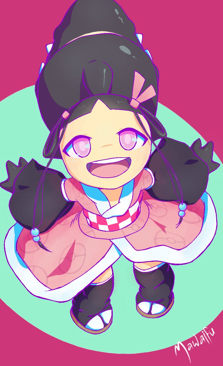 1girl artist_name big_hair black_hair black_skin black_sleeves black_thighhighs brown_sandals child clothed_pokemon colored_skin cosplay creatures_(company) detached_sleeves female_focus flat_chest from_above game_freak gen_3_pokemon hair_ribbon happy japanese_clothes kamado_nezuko kamado_nezuko_(cosplay) kimetsu_no_yaiba kimono layered_sleeves long_hair looking_at_viewer looking_up mawaifu mawile multicolored_skin nintendo obi open_mouth pink_eyes pink_kimono pink_ribbon poke_ball_print pokemon pokemon_(creature) ponytail ribbon sandals sash signature smile solo standing teeth thighhighs two-tone_background two-tone_skin yellow_skin