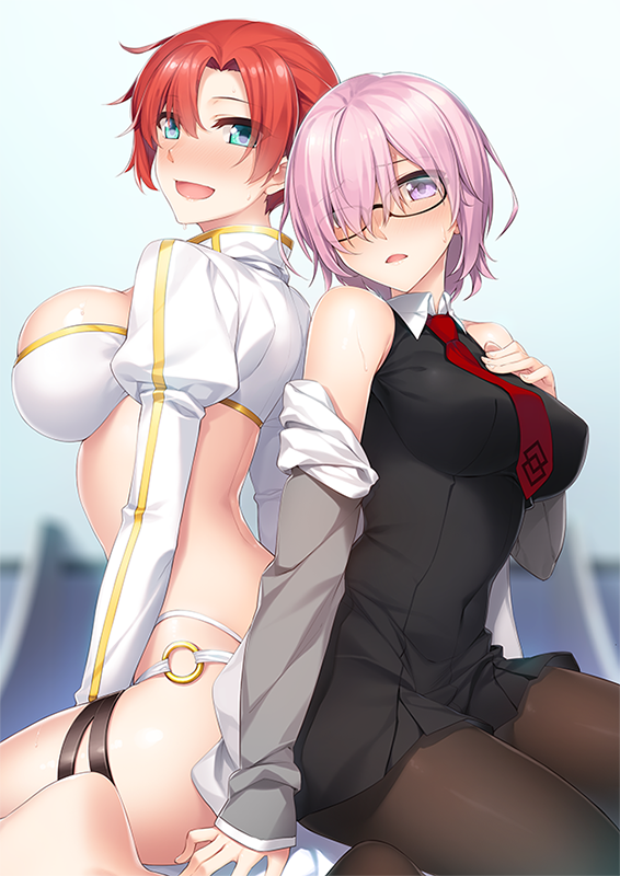 2girls arched_back bad_id bad_pixiv_id black-framed_eyewear black_legwear blue_eyes blurry blush boudica_(fate) breasts depth_of_field fate/grand_order fate_(series) glasses hair_over_one_eye hand_on_own_chest hood hoodie juliet_sleeves large_breasts long_sleeves mash_kyrielight multiple_girls necktie open_clothes open_hoodie pantyhose puffy_sleeves purple_eyes purple_hair red_hair red_neckwear short_hair shrug_(clothing) sitting wariza yanagi_(tsukiakari)