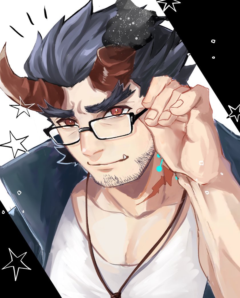 1boy adjusting_eyewear bad_id bad_twitter_id bara blue_hair bright_pupils broken_horn dark_blue_hair demon_boy demon_horns facial_hair glasses goatee_stubble hand_up happy_aura horns male_focus muscular muscular_male mutton_chops pectoral_cleavage pectorals scar short_hair smile solo star_(symbol) stubble takemaru_(housamo) tass_commuovere thick_eyebrows tokyo_houkago_summoners tusks