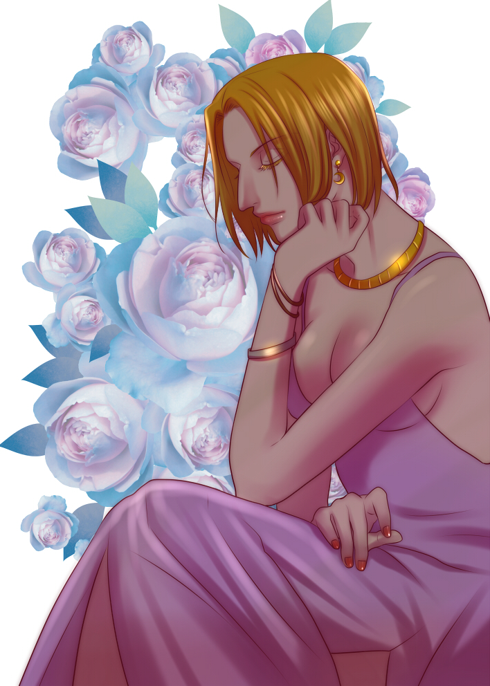 1girl alternate_costume aquiline_nose bare_shoulders blonde_hair bracelet breasts cleavage closed_eyes dress earrings floral_background formal_clothes gold_necklace hand_on_own_face history1357 hunter_x_hunter jewelry large_breasts medium_breasts nail_polish necklace nose pakunoda pink_dress profile red_nails short_hair sitting sleeveless solo