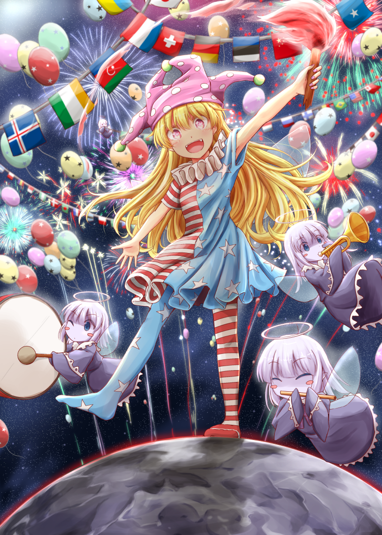 5girls aerial_fireworks american_flag american_flag_dress american_flag_legwear armpit_peek azerbaijani_flag balloon bangladeshi_flag belgian_flag blonde_hair blue_eyes blush blush_stickers botswanan_flag brazilian_flag clownpiece colored_skin commentary_request danish_flag dress drum dutch_flag egyptian_flag estonian_flag eyebrows fairy fairy_wings fake_halo finnish_flag fireworks flag flags_of_all_nations flute french_flag full_body german_flag grey_skin halo hat icelandic_flag indonesian_flag instrument irish_flag japanese_flag jester_cap long_hair looking_at_viewer luxembourgish_flag moon multiple_girls neck_ruff nigerian_flag no_shoes pantyhose people&#039;s_republic_of_china_flag pink_eyes pink_hat polish_flag romanian_flag russian_flag short_dress short_sleeves somalian_flag space standing standing_on_one_leg star_(sky) star_(symbol) string_of_flags striped_clothes striped_dress striped_pantyhose swiss_flag tamasan tongan_flag torch touhou trumpet ukrainian_flag white_hair wide_sleeves wings zombie_fairy_(touhou)