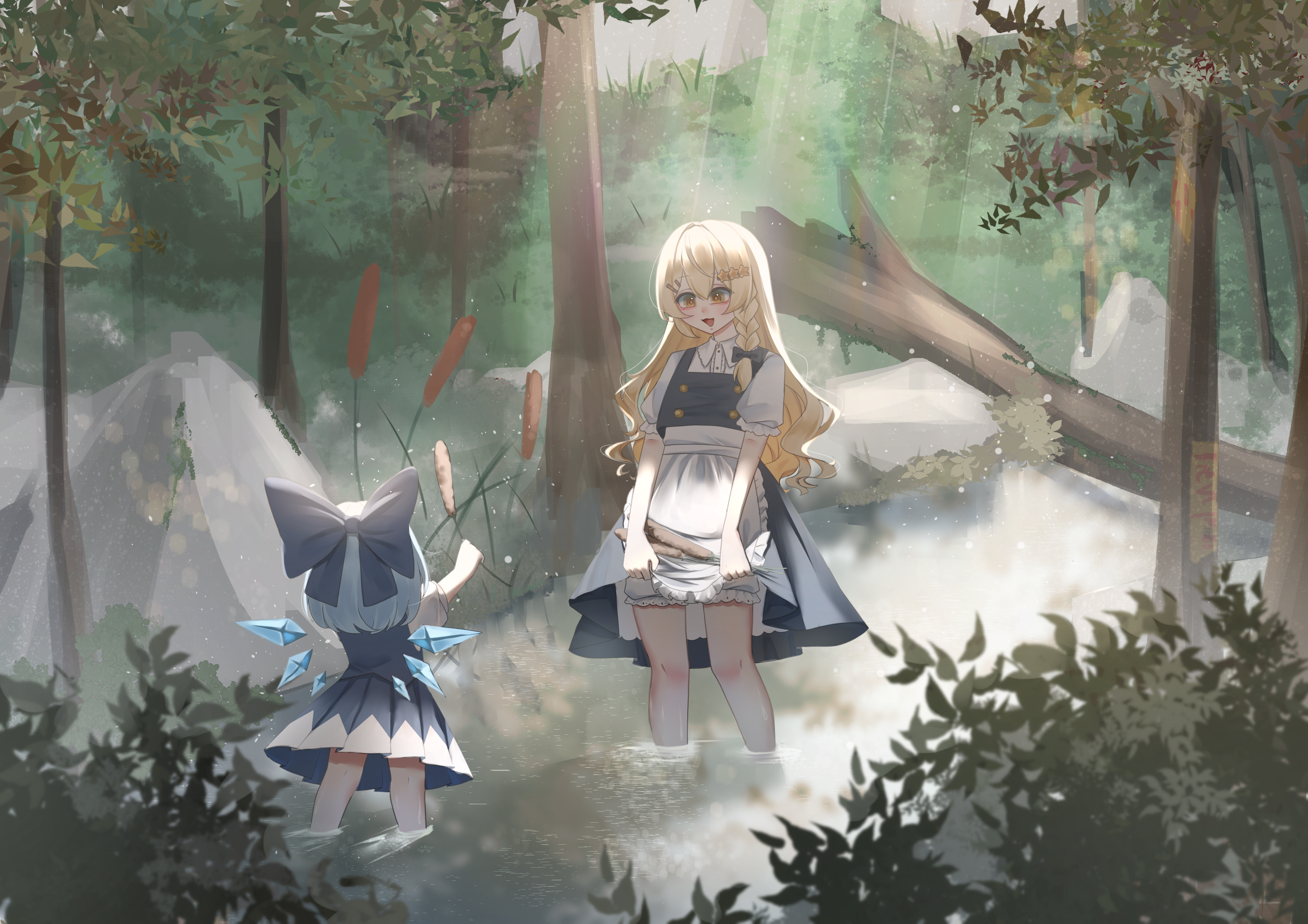 2girls :d absurdres black_bow blonde_hair bloomers blue_bow blue_hair bow braid cattail cirno collar dress facing_away fallen_tree forest from_behind hair_bow hair_ornament hairclip highres holding ice ice_wings kirisame_marisa leaf long_hair multiple_girls nature no_noru ofuda on_water open_mouth plant puffy_short_sleeves puffy_sleeves rock short_hair short_sleeves side_braid single_braid skirt smile sunlight touhou tree underwear white_dress wings