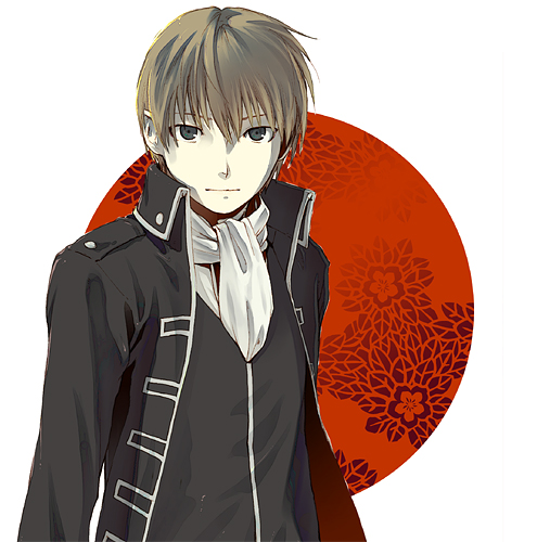 1boy black_jacket brown_hair closed_mouth gintama green_eyes jacket leuco looking_at_viewer lowres male_focus okita_sougo open_clothes open_jacket red_circle solo upper_body white_background