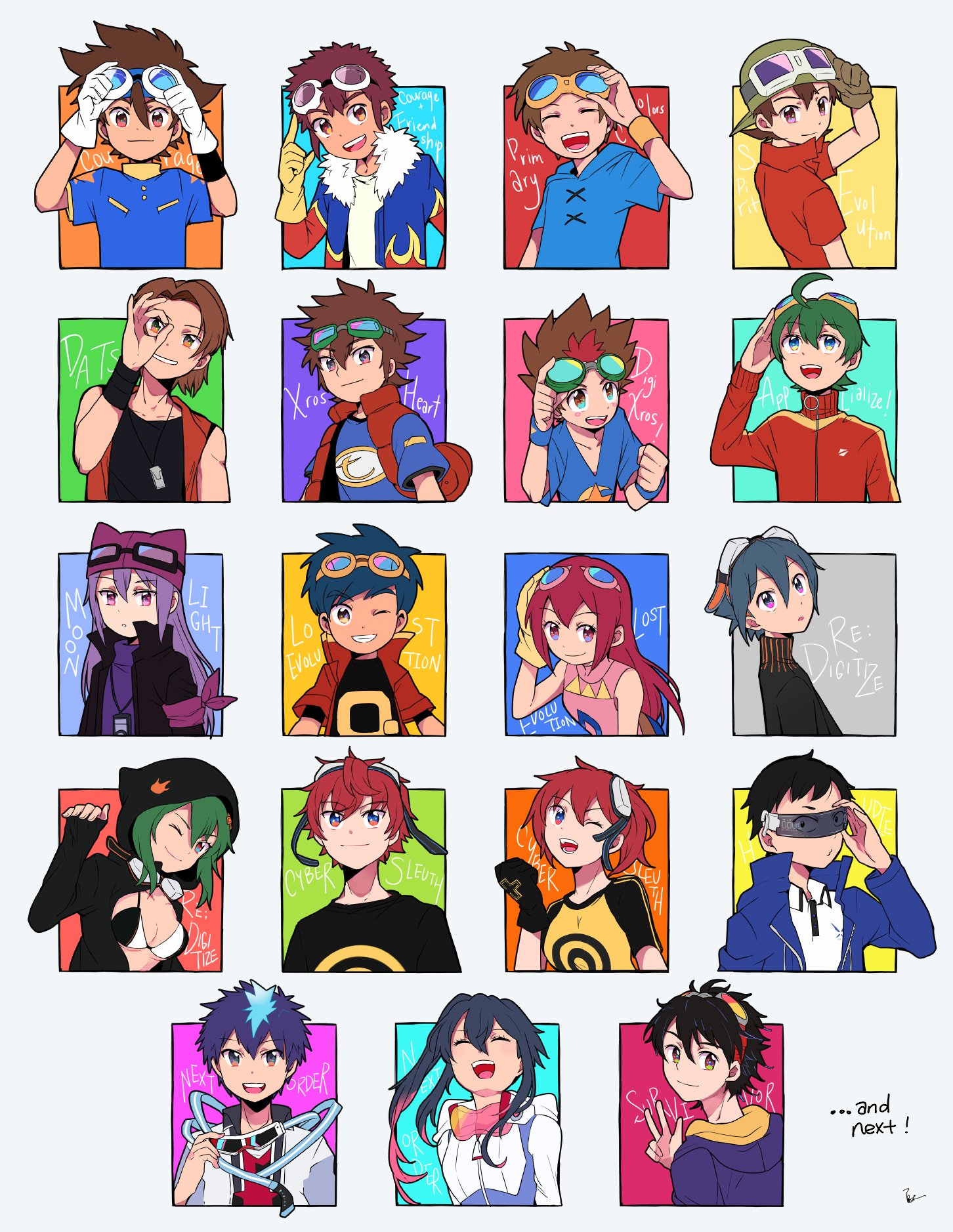 aiba_ami aiba_takumi akashi_tagiru amasawa_keisuke appmon daimon_masaru_(digimon_savers) digimon digimon_adventure digimon_adventure_02 digimon_frontier digimon_savers digimon_story:_cyber_sleuth digimon_story:_cyber_sleuth_-_hacker's_memory digimon_story:_cyber_sleuth_hacker's_memory digimon_story:_lost_evolution digimon_story:_sunburst_and_moonlight digimon_survive digimon_tamers digimon_universe:_appli_monsters digimon_world_-next_0rder- digimon_world_re:digitize digimon_world_re:digitize_decode digimon_xros_wars digimon_xros_wars:_toki_wo_kakeru_shounen_hunter-tachi goggles goggles_around_neck goggles_on_head high_ponytail highres hood kanbara_takuya kizuna_(digimon) kudou_taiki matsuda_takato momotsuka_takuma motomiya_daisuke natsuki_(aisae) ponytail sayo_(digimon) shiki_(digimon_world_-next_0rder-) shinkai_haru shinomiya_rina shu_(digimon) smile taiga_(digimon) takuto_(digimon_world_-next_0rder-) v yagami_taichi