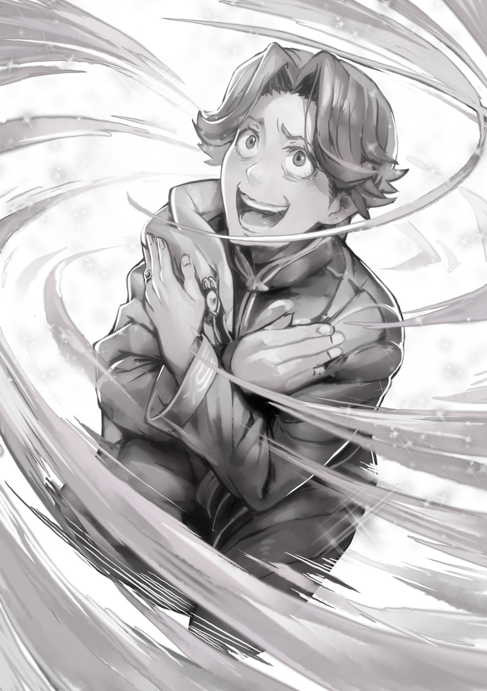 1boy :d cape crazy_eyes crossed_arms hartmut_(honzuki_no_gekokujou) highres honzuki_no_gekokujou jewelry kousaku male_focus open_mouth praying ring robe school_uniform short_hair smile