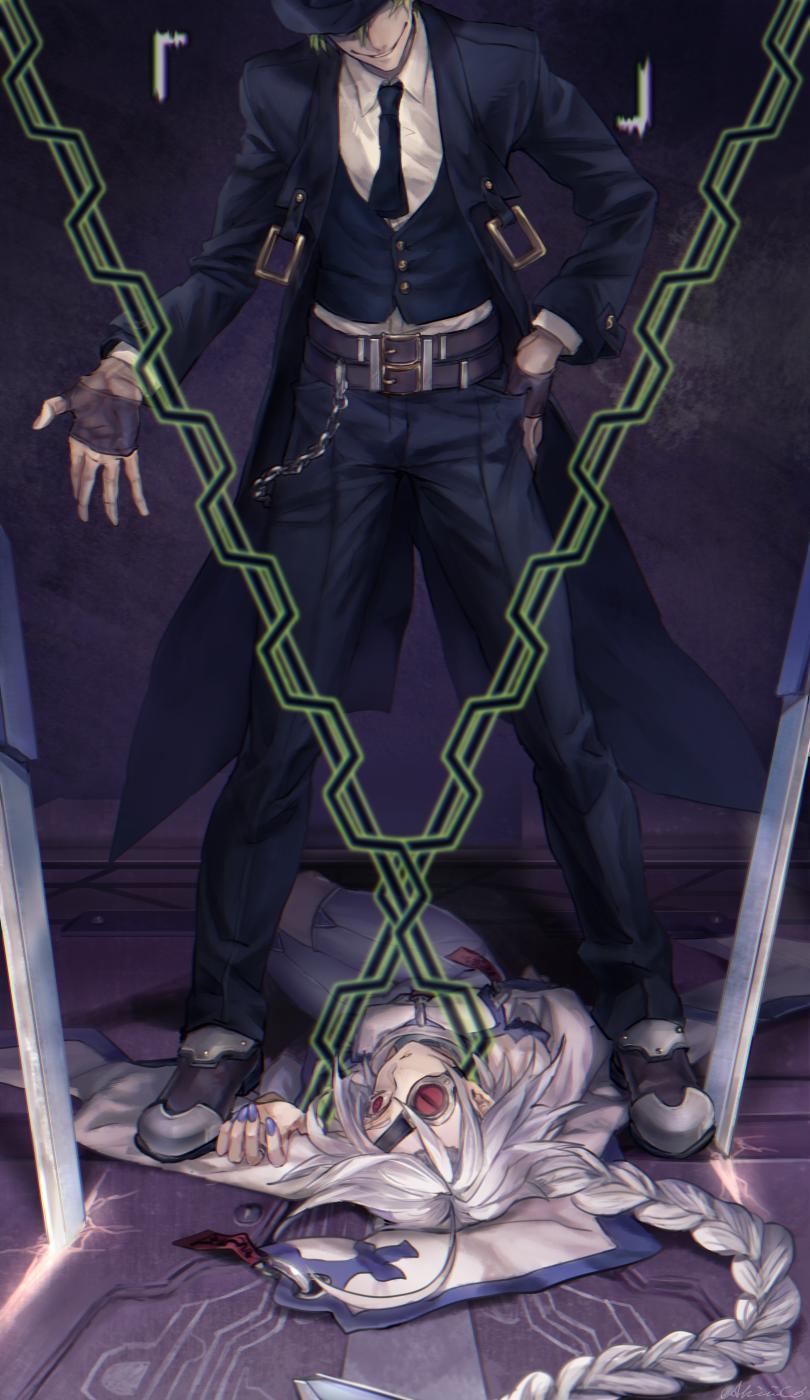 1boy 1girl ahoge akilico blazblue bodysuit braid cape chain covered_eyes death empty_eyes eyepatch closed_eyes fedora fingerless_gloves formal_clothes gloves green_hair hat hat_over_eyes hazama highres long_hair messy_hair nail_polish necktie nu-13 on_ground red_eyes short_hair single_braid smile sword weapon white_hair