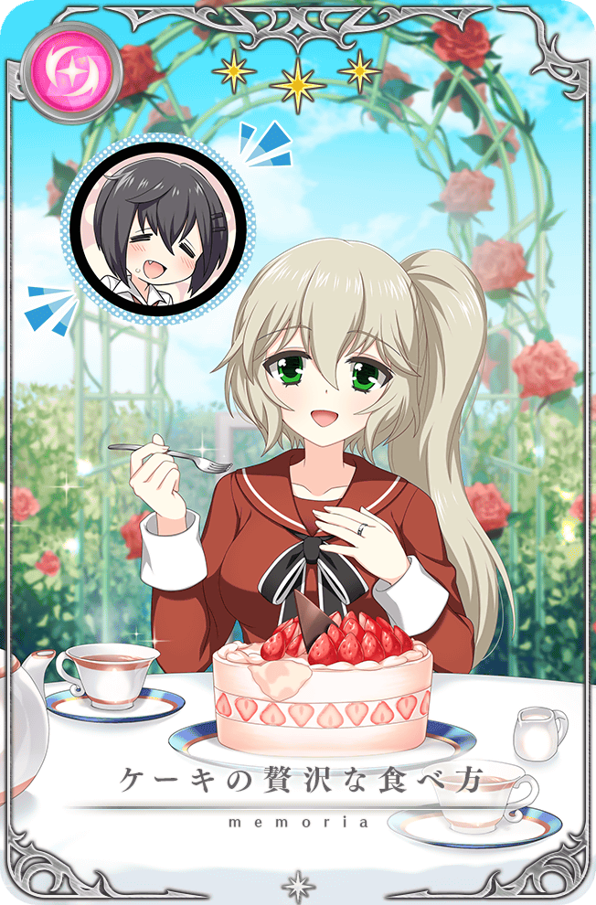 2girls =_= arch artist_request black_bow black_bowtie black_hair blonde_hair blue_sky bow bowtie cake card_(medium) chibi cloud collared_shirt cup day dot_nose elbows_on_table eyelashes fang flower food fork game_cg garden green_eyes hair_between_eyes hair_ornament hairclip hand_on_own_chest happy holding holding_fork jewelry kure_kirika light_blush long_hair long_sleeves magia_record:_mahou_shoujo_madoka_magica_gaiden mahou_shoujo_madoka_magica mahou_shoujo_oriko_magica mikuni_oriko multiple_girls official_art open_mouth outdoors picture_frame plate red_flower red_rose red_sailor_collar red_shirt ring rose sailor_collar saucer school_uniform shirt short_hair side_ponytail sitting sky smile solo_focus sparkle star_(symbol) strawberry_shortcake table tablecloth tea teacup teapot translated upper_body white_shirt white_sleeve_cuffs